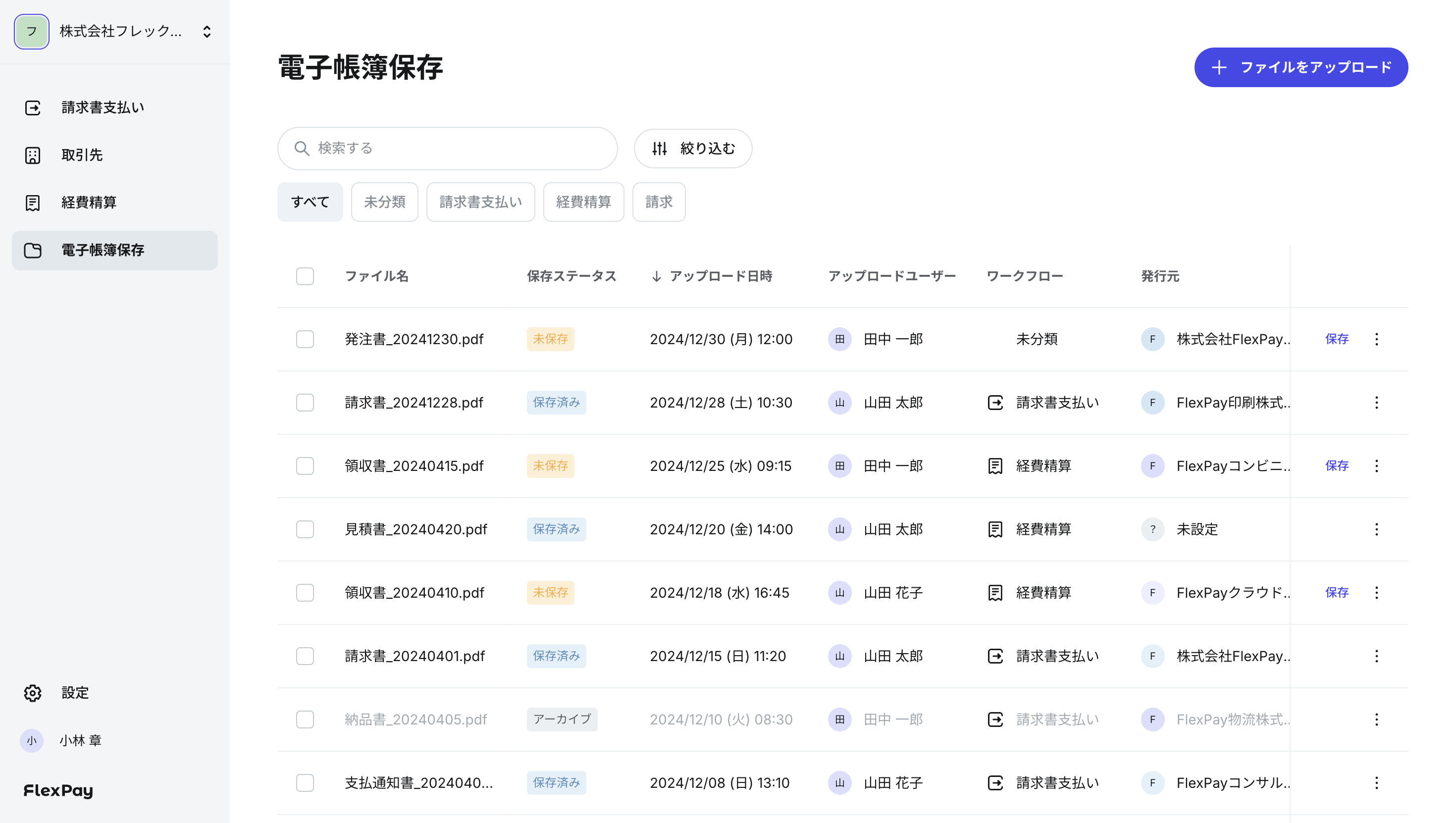 電子帳簿保存画面の一覧
