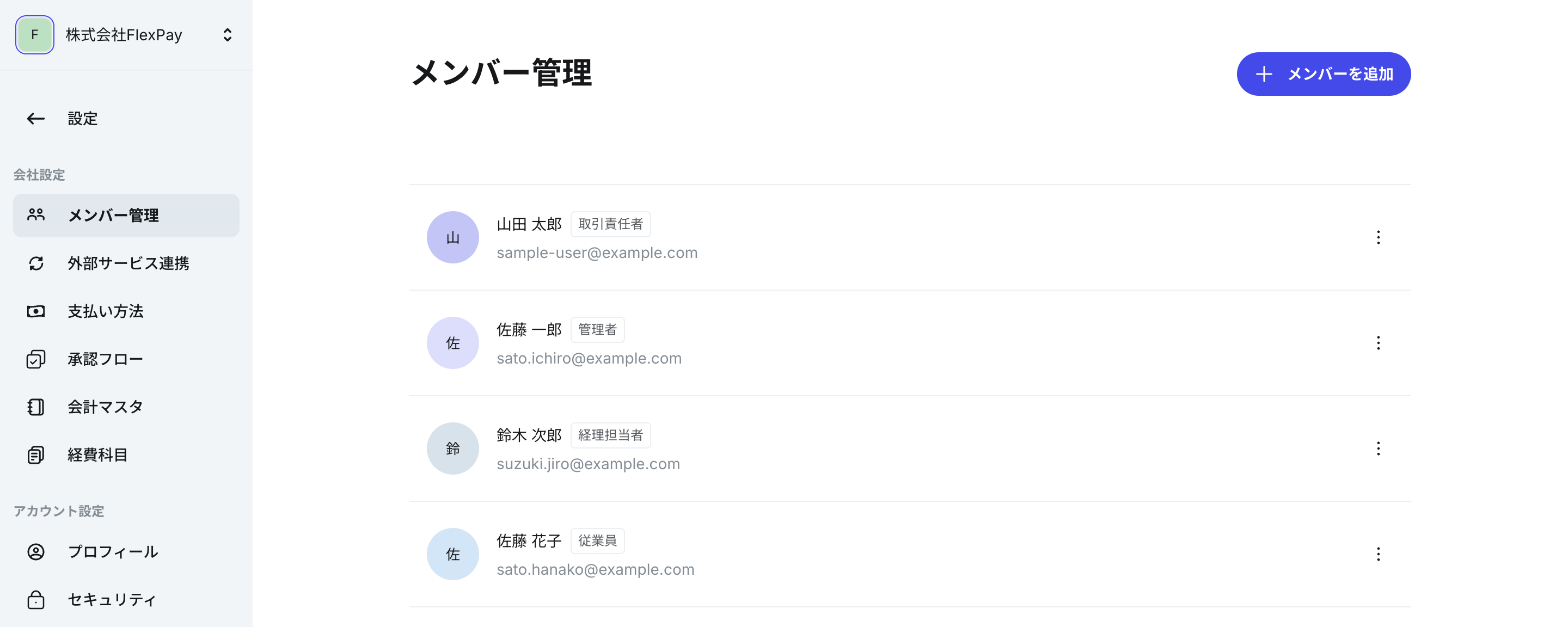 「メンバー管理」の一覧。氏名の横に、各メンバーの権限が表示されている