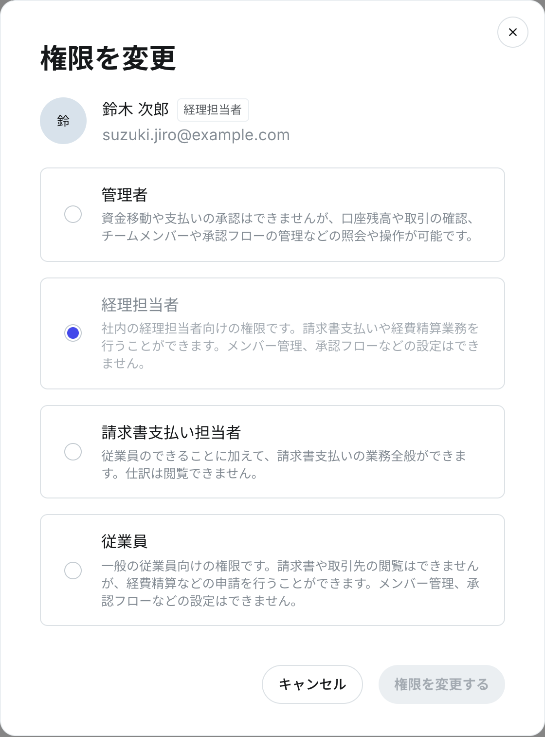 「権限を変更」の画面。管理者・経理担当者・請求書支払い担当者・従業員から、変更後の権限を選ぶ